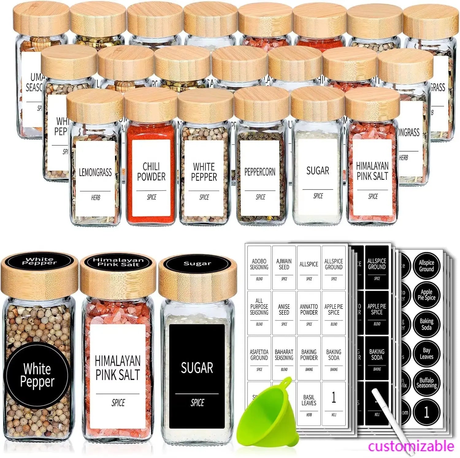 48 Glass Spice Jars with Bamboo Lids and Shaker Tops - 4 Oz Containers with 547 Labels