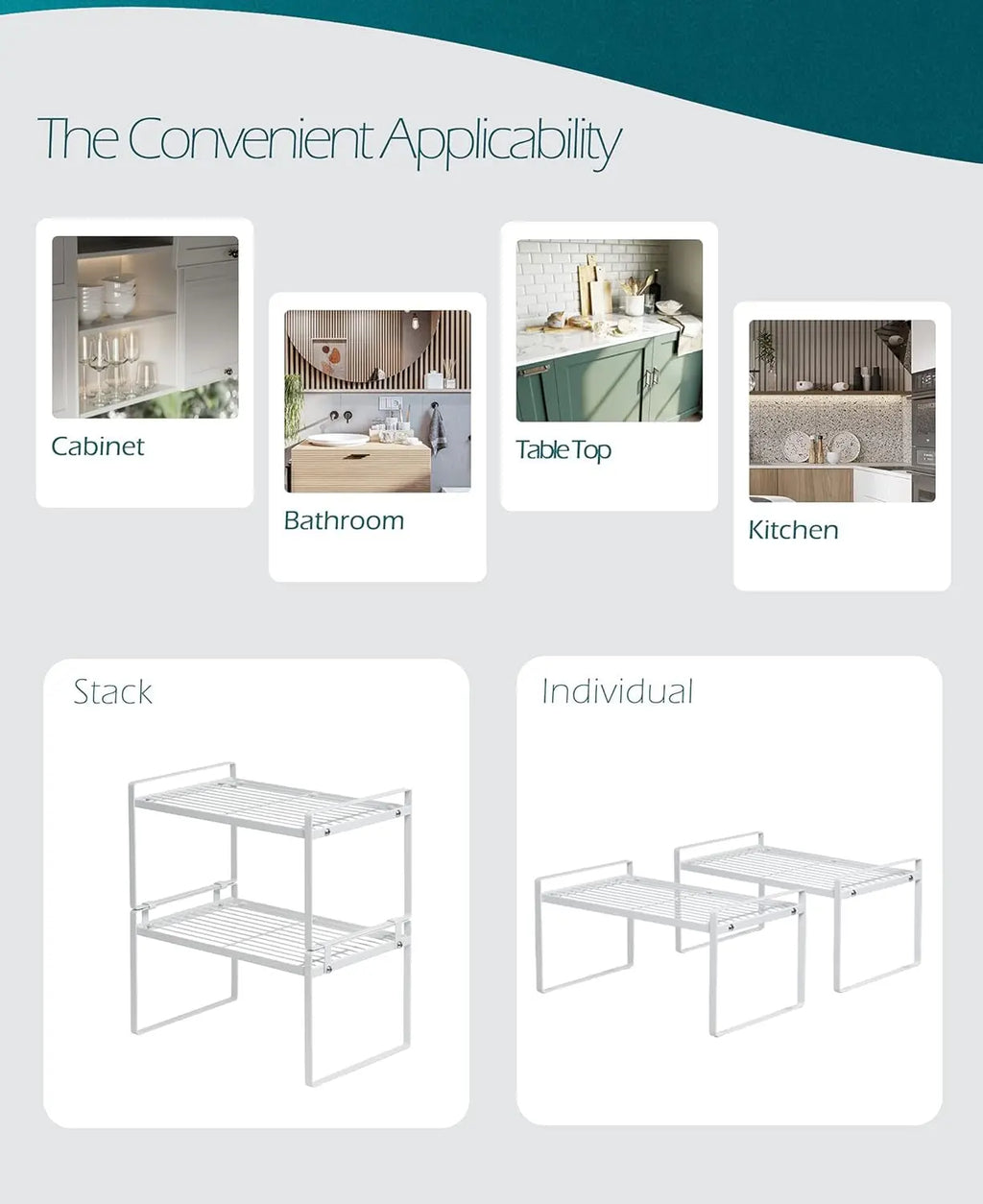 2-Pack Stackable Steel Frame Kitchen Cabinet and Counter Organizer Rack for Pantry, Bathroom, Bedroom, and Office - Rust Resistant and Non-Slip Design in White