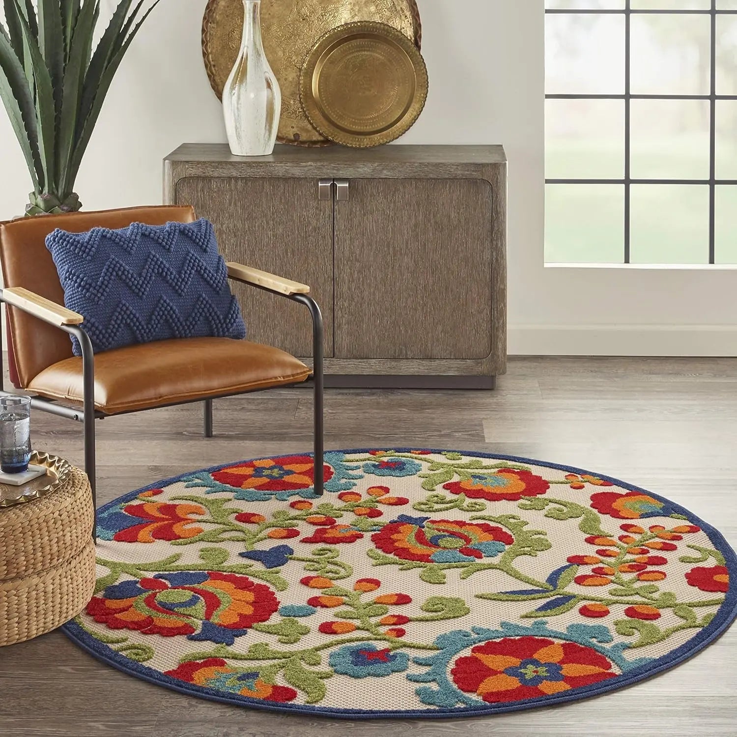 Nourish Aloha Indoor/Outdoor Multicolor 4' Round Area Rug - Easy to Clean, Non-Shedding, Suitable for Bedroom, Living Room, Dining Room, Backyard, Deck, and Patio