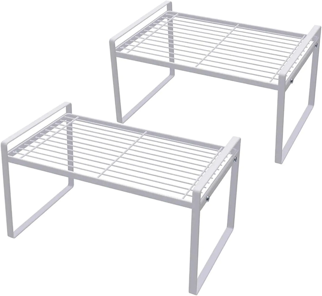 2-Pack Stackable Steel Frame Kitchen Cabinet and Counter Organizer Rack for Pantry, Bathroom, Bedroom, and Office - Rust Resistant and Non-Slip Design in White