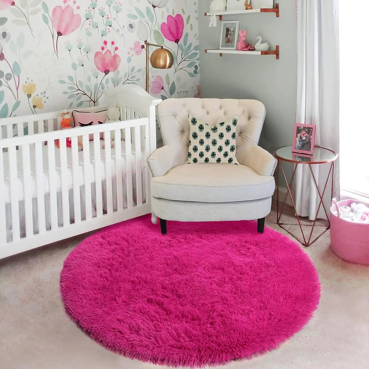 4Ft Hot Pink Round Fluffy Area Rug for Girls' Bedroom - Plush Shag Carpet for Kids' Room Decor, Living Room, Nursery, Dorm, Classroom, and Teen Spaces