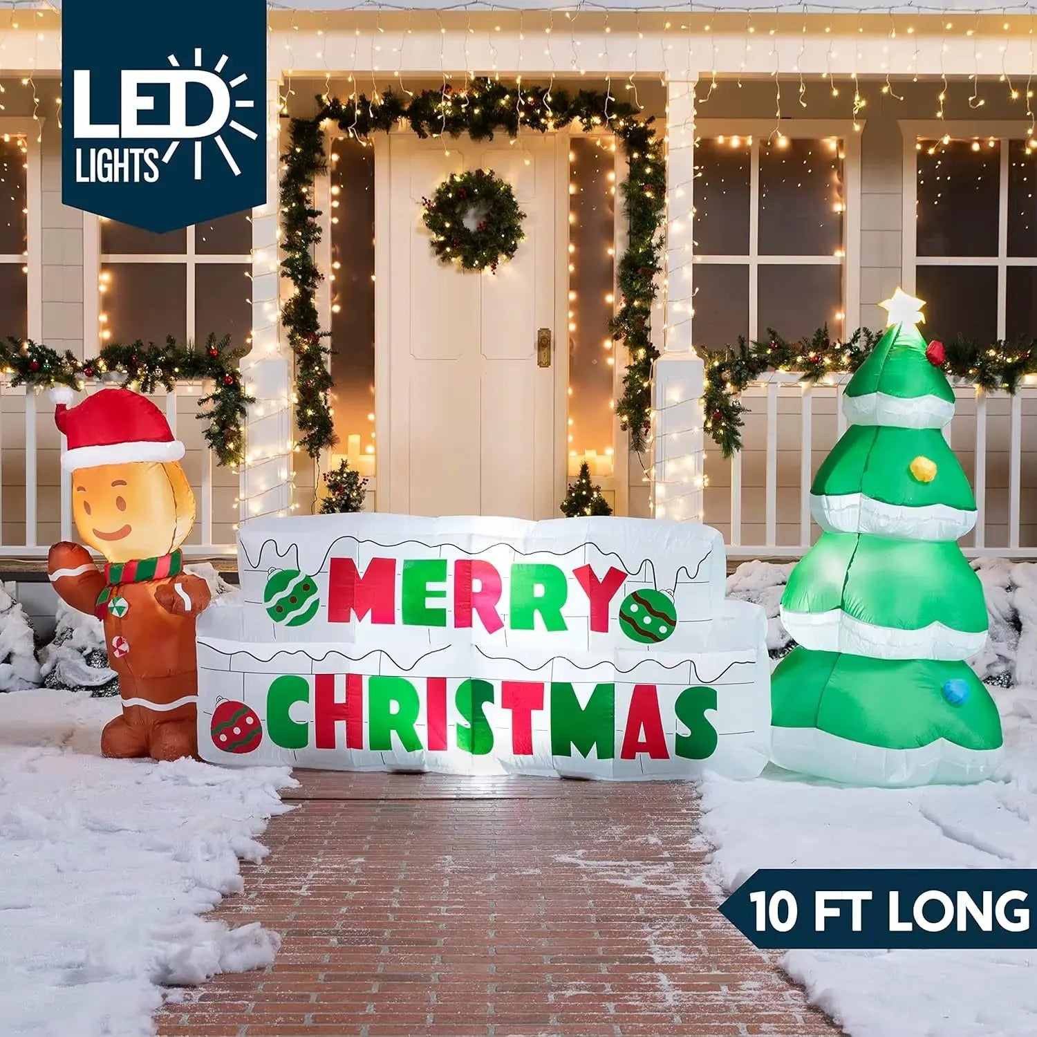 10 FT Christmas Inflatable Gingerbread Man & Christmas Tree Holiday Inflatable Outdoor Decoration for Xmas Party Gift