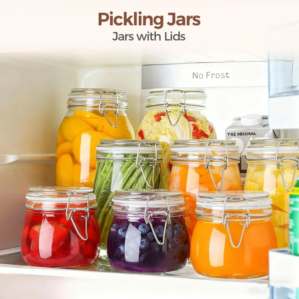 17Oz Airtight Glass Jars with Lids - Set of 6 Food Storage Containers with Clear Preserving Seal and Wire Clip Fastening for Kitchen Canning and Pickling