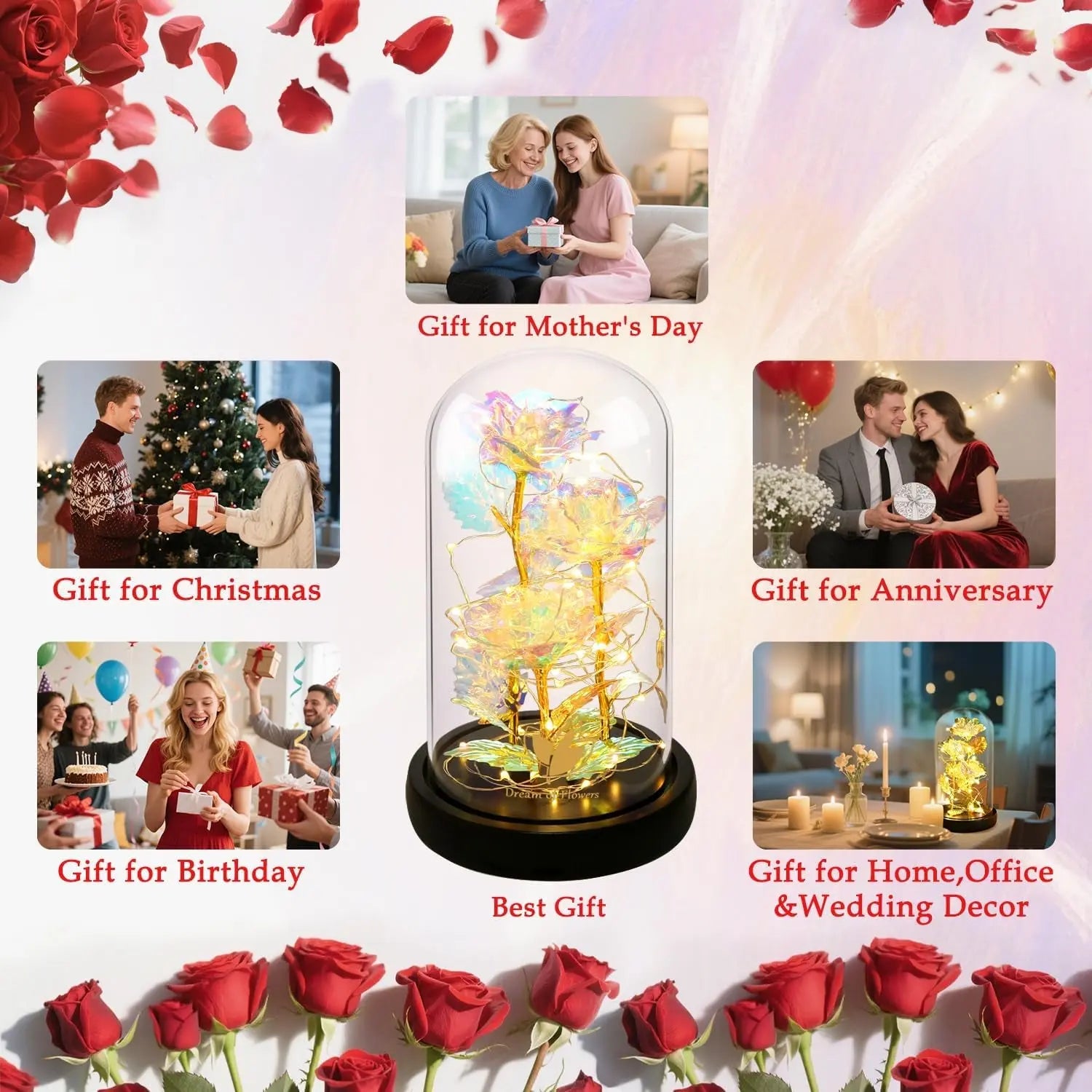 Elegant Glass Dome Rainbow Rose - Perfect Gift for Women, Moms, Wives, and Grandmothers for Anniversaries, Valentine's Day, Thanksgiving, Birthdays, and Weddings