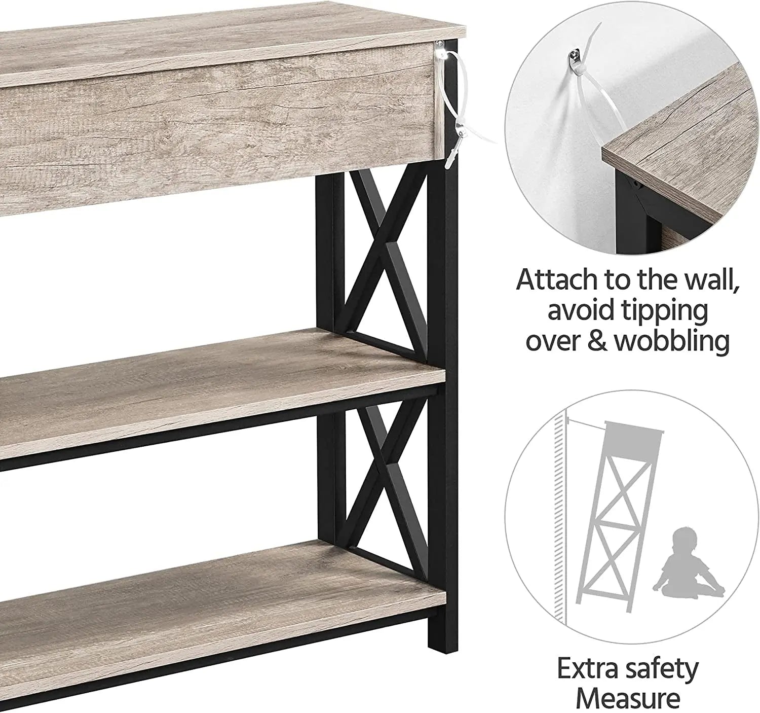 Gray Console Table with Drawer and 3-Tier Storage Shelves, Narrow Metal Frame Entryway Table for Living Room, Hallway, and Kitchen