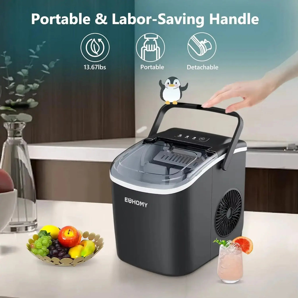 Portable Countertop Ice Maker with Handle, Producing 26 lbs of Ice in 24 Hours, 9 Ice Cubes Ready in 6 Minutes, Features Auto-Cleaning Function