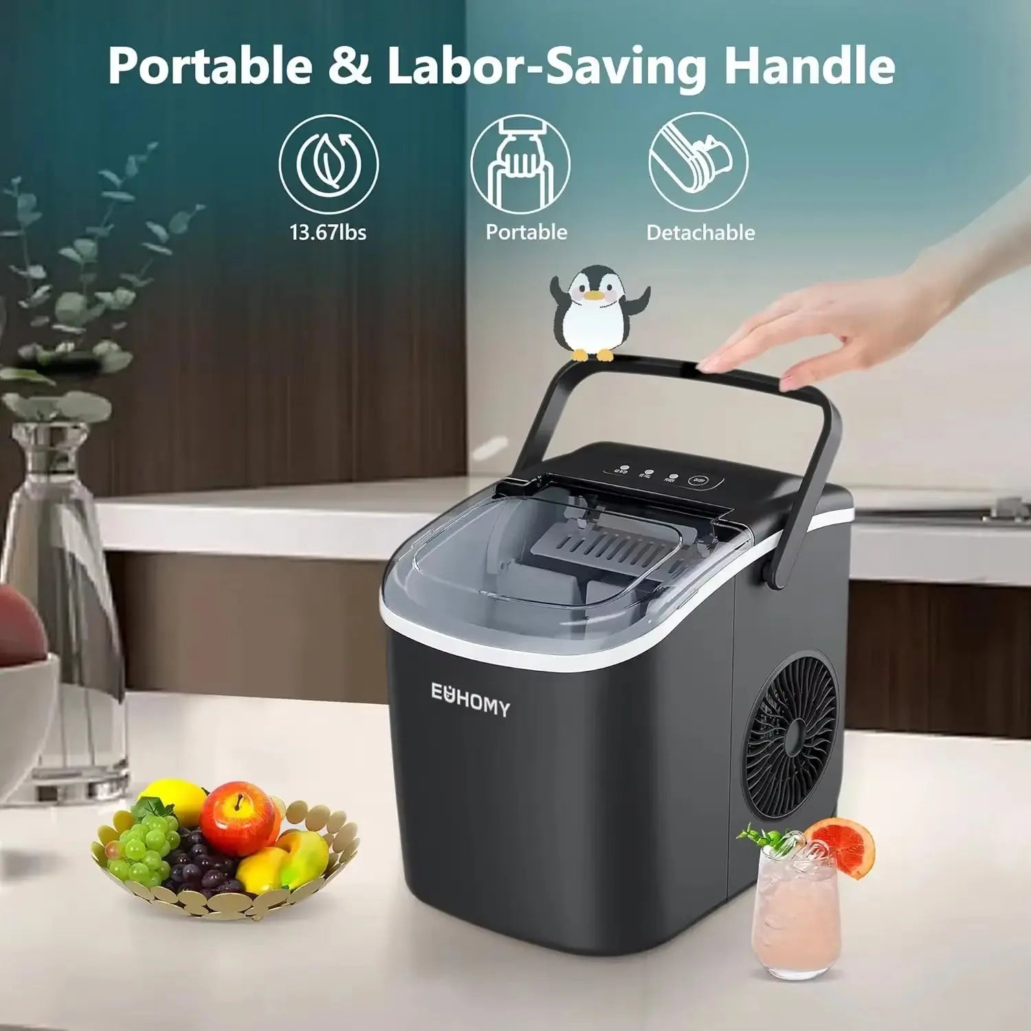 Portable Countertop Ice Maker with Handle, Producing 26 lbs of Ice in 24 Hours, 9 Ice Cubes Ready in 6 Minutes, Features Auto-Cleaning Function