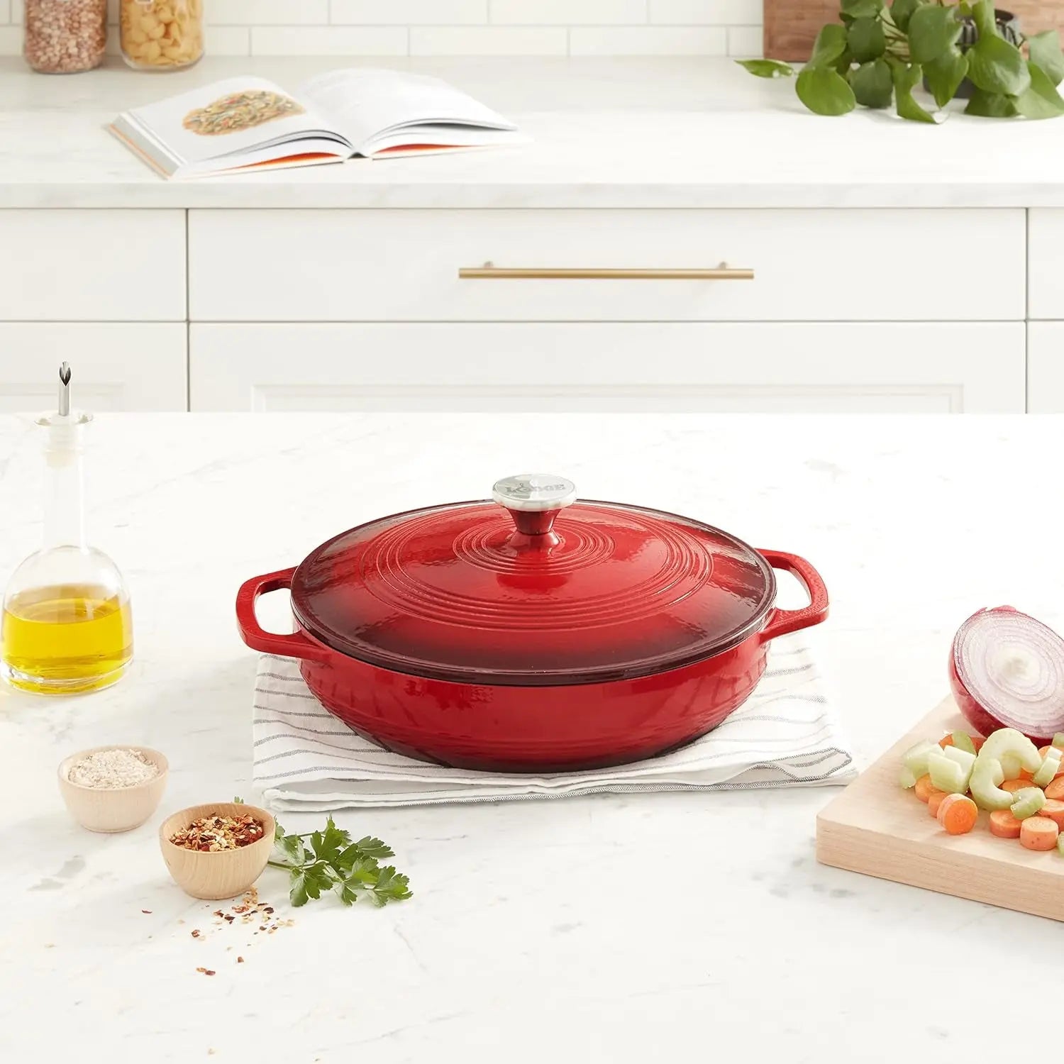 3.6 Quart Enameled Cast Iron Oval Casserole with Lid and Dual Handles – Oven Safe to 500°F – Versatile for Marinating, Cooking, Baking, Refrigerating, and Serving – Island Spice Red