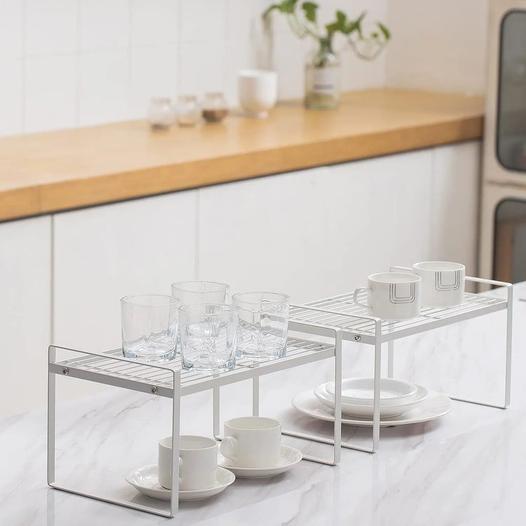 2-Pack Stackable Steel Frame Kitchen Cabinet and Counter Organizer Rack for Pantry, Bathroom, Bedroom, and Office - Rust Resistant and Non-Slip Design in White