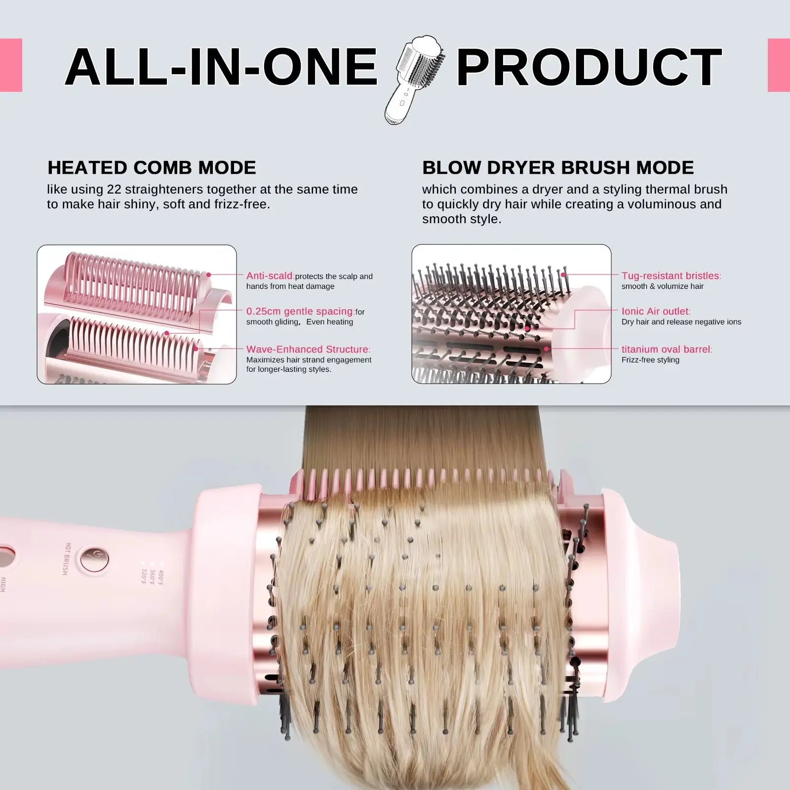 Smooth Style 2-in-1 Heated Comb and Blow Dryer Brush for Effortless Hair Straightening and Styling