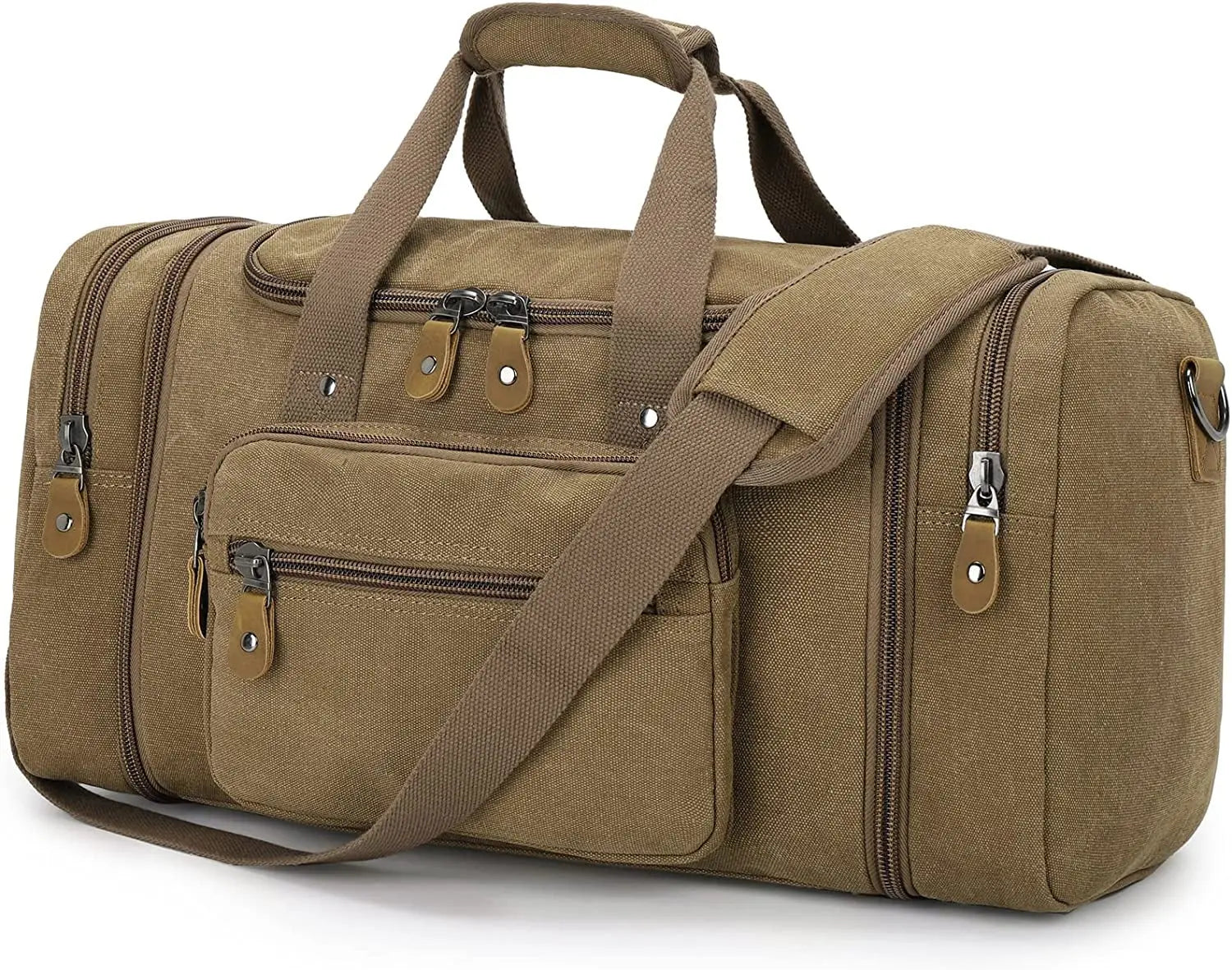 60L Canvas Duffle Bag for Travel - Overnight and Weekend Use (Coffee)