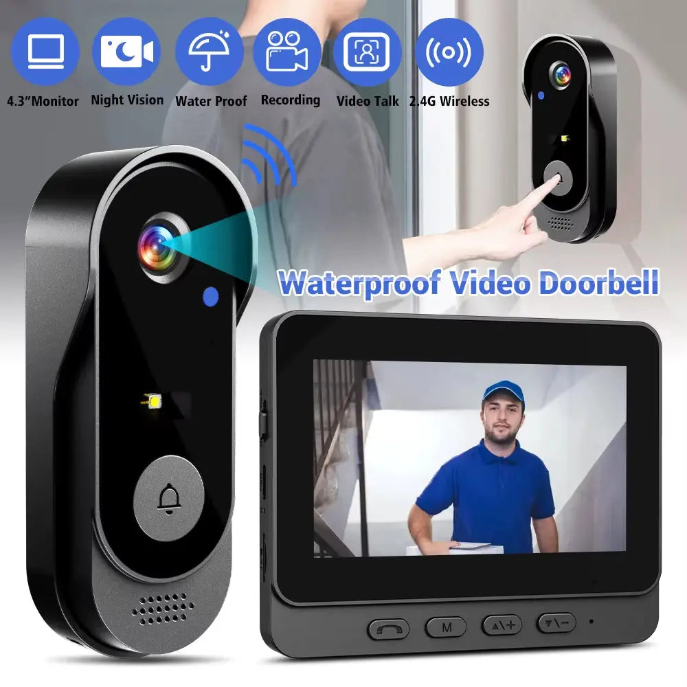 4.3-Inch 2.4G Wireless Video Doorbell Camera with WiFi, Smart Intercom, Motion Detection, and Night Vision for Home Security