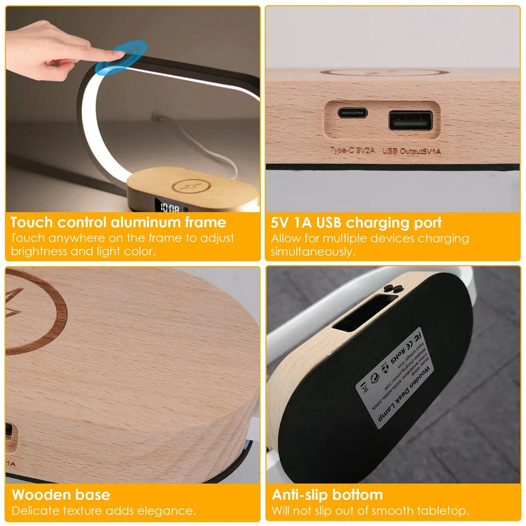 Touch Control Bedside Table Lamp with Clock and Wireless Charging - Dimmable LED Desk Lamp for Nightstand and Reading