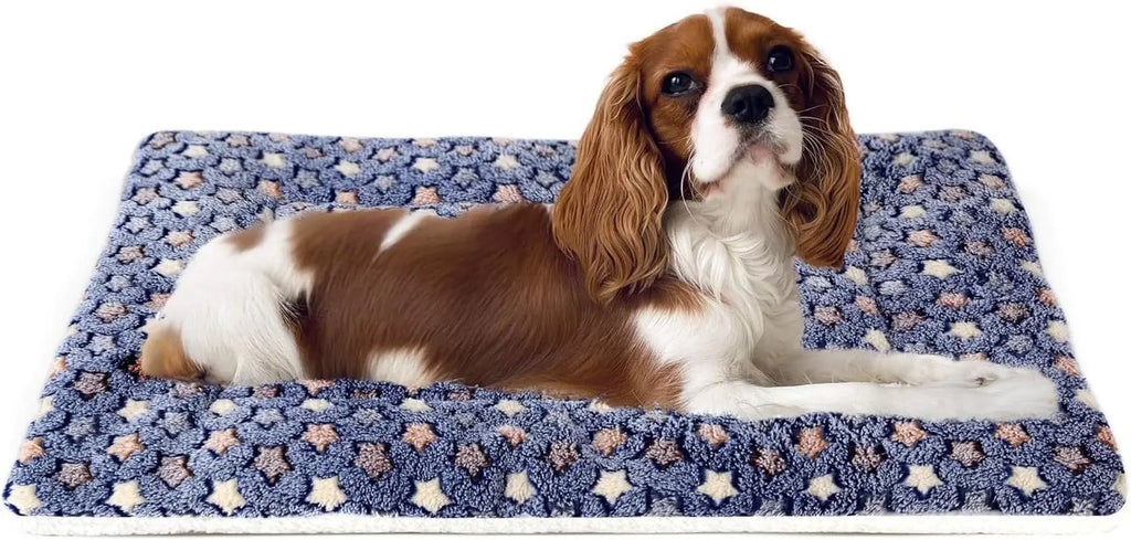 Ultra Soft Reversible Dog Bed Crate Pad with Star Print - Washable Mat for Dogs and Cats, 23 x 18 Inch, Dark Blue
