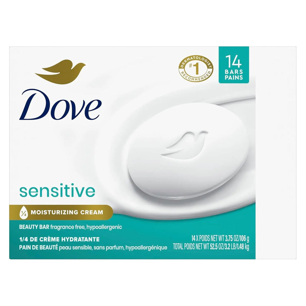 Fragrance-Free Beauty Bar - Hypoallergenic and Moisturizing Cleanser for Sensitive Skin, 3.75 Oz, Pack of 14 Bars