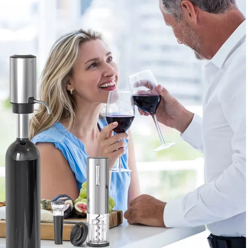 USB Rechargeable Electric Wine Opener Set with Decanter and Aerator - Stainless Steel Wine Accessory for Enthusiasts