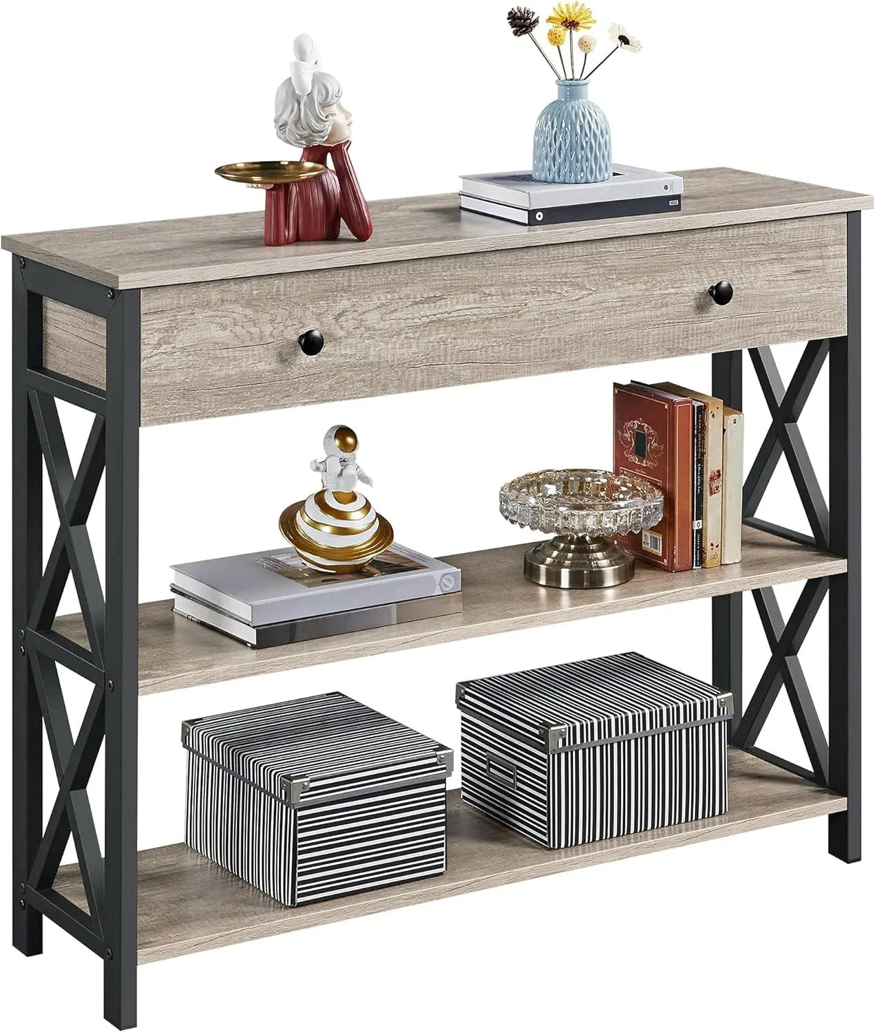 Gray Console Table with Drawer and 3-Tier Storage Shelves, Narrow Metal Frame Entryway Table for Living Room, Hallway, and Kitchen