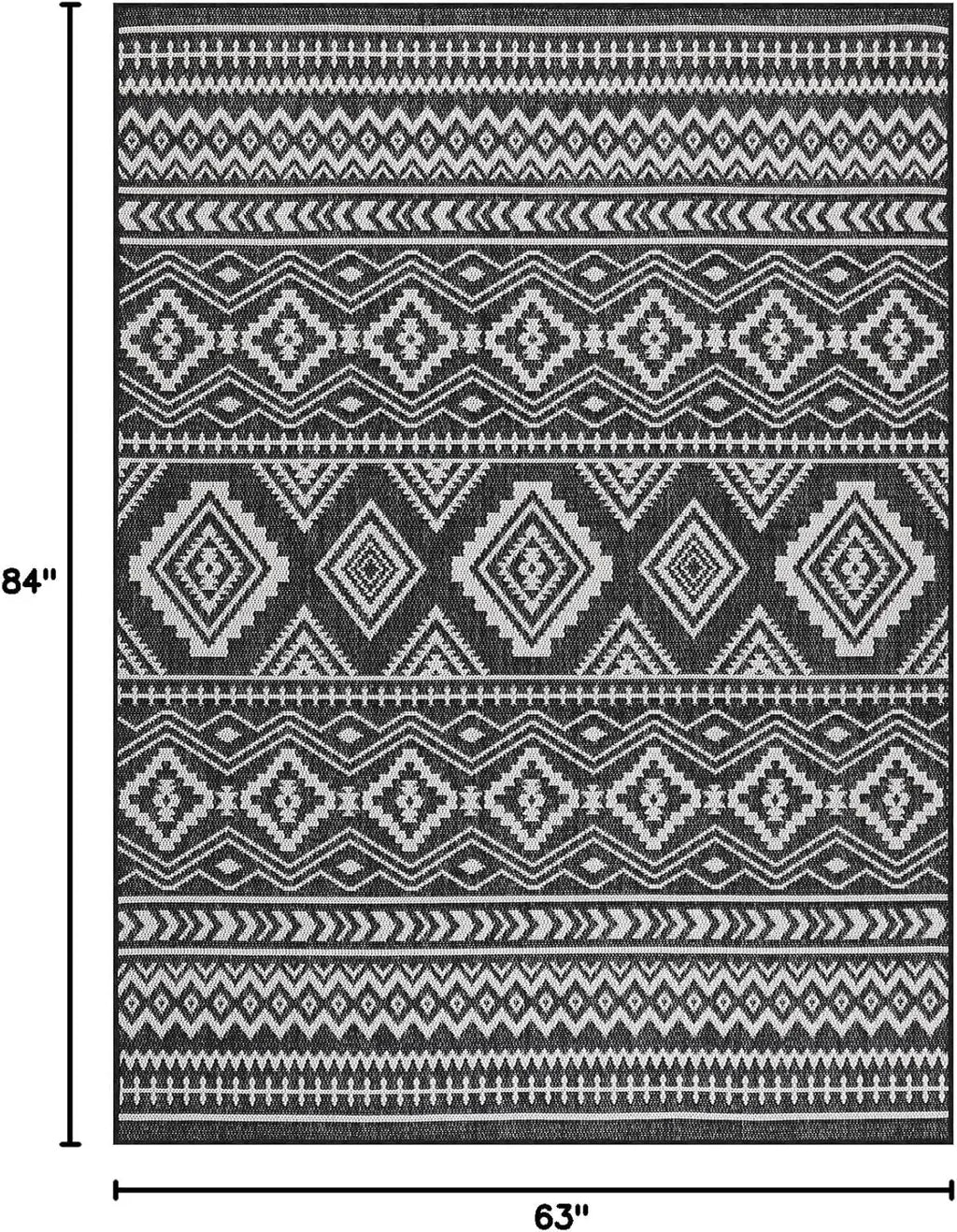 Waikiki Boho 5x7 Indoor Outdoor Washable Carpet for Patio, Deck, and Porch - Bohemian Area Rug with Aztec Tribal Design in Black and White