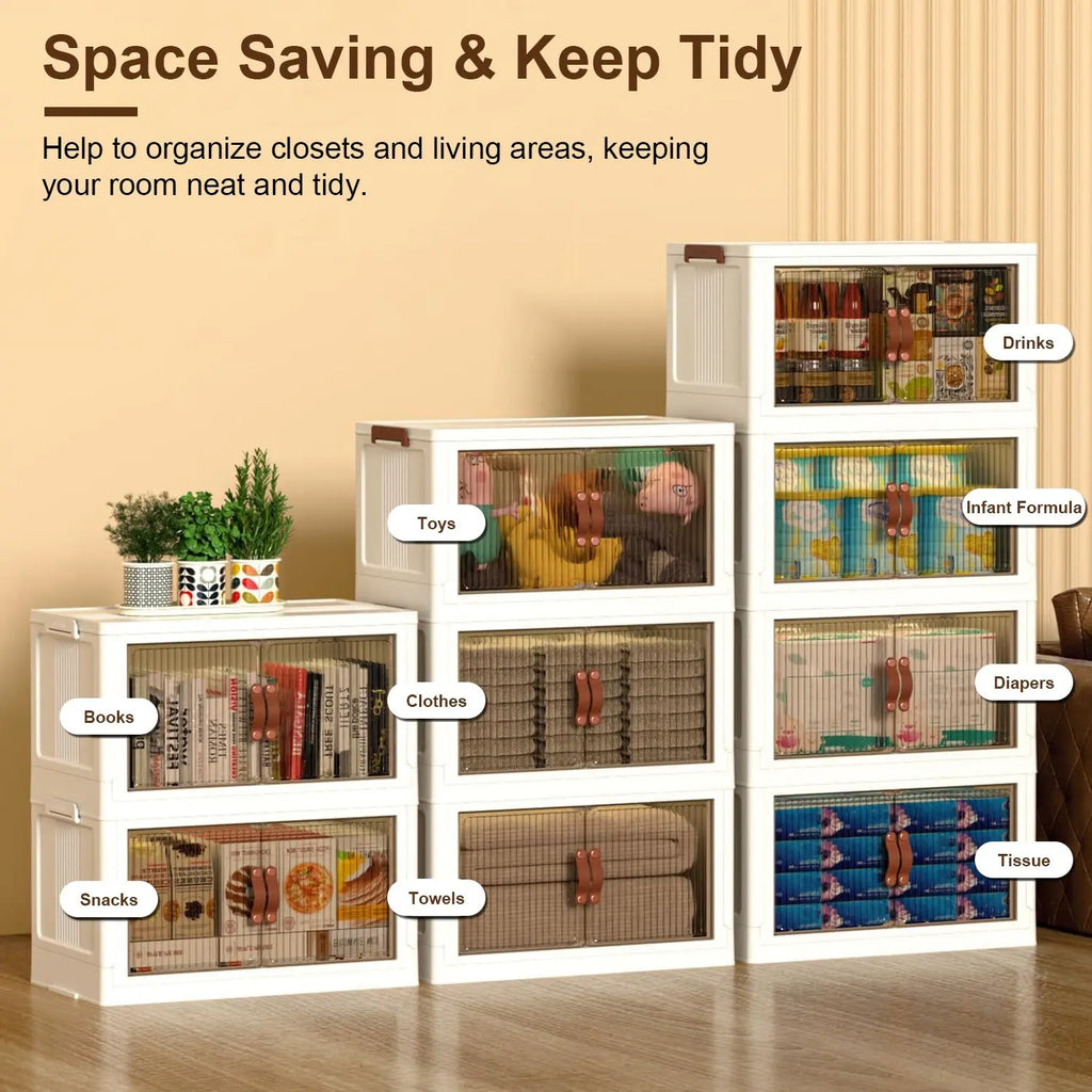 Set of 3 Foldable Storage Bins with Lids, Wheels, and Magnetic Front Doors for Convenient Shipping