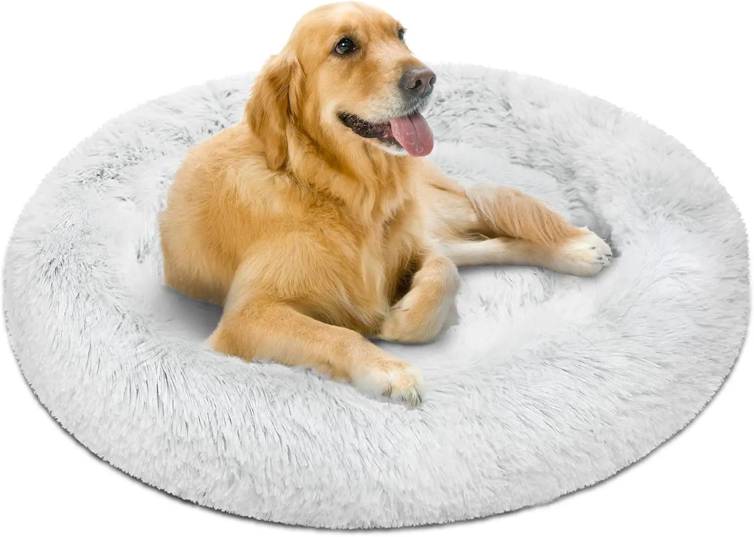Large Dog Bed - Faux Fur Fluffy Calming Sofa, Soft & Plush Anti-Anxiety Pet Couch, Machine Washable with Non-Slip Bottom, 36"x36"x8", Ivory