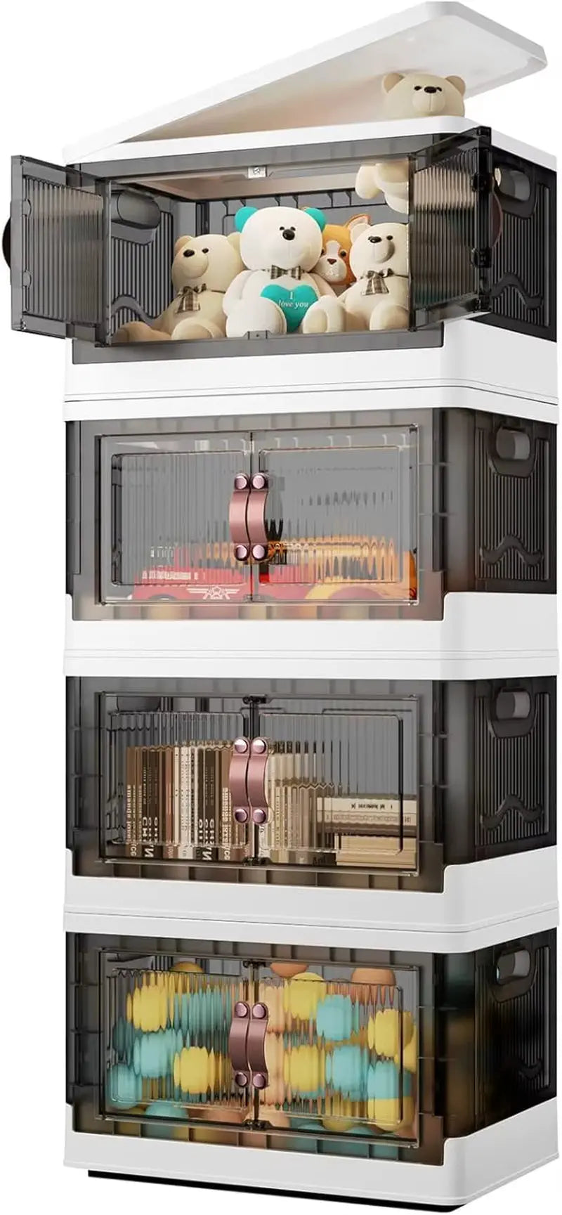 4-Tier Stackable Plastic Storage Bins with Lids, 23QT Capacity, Collapsible Design with Wheels