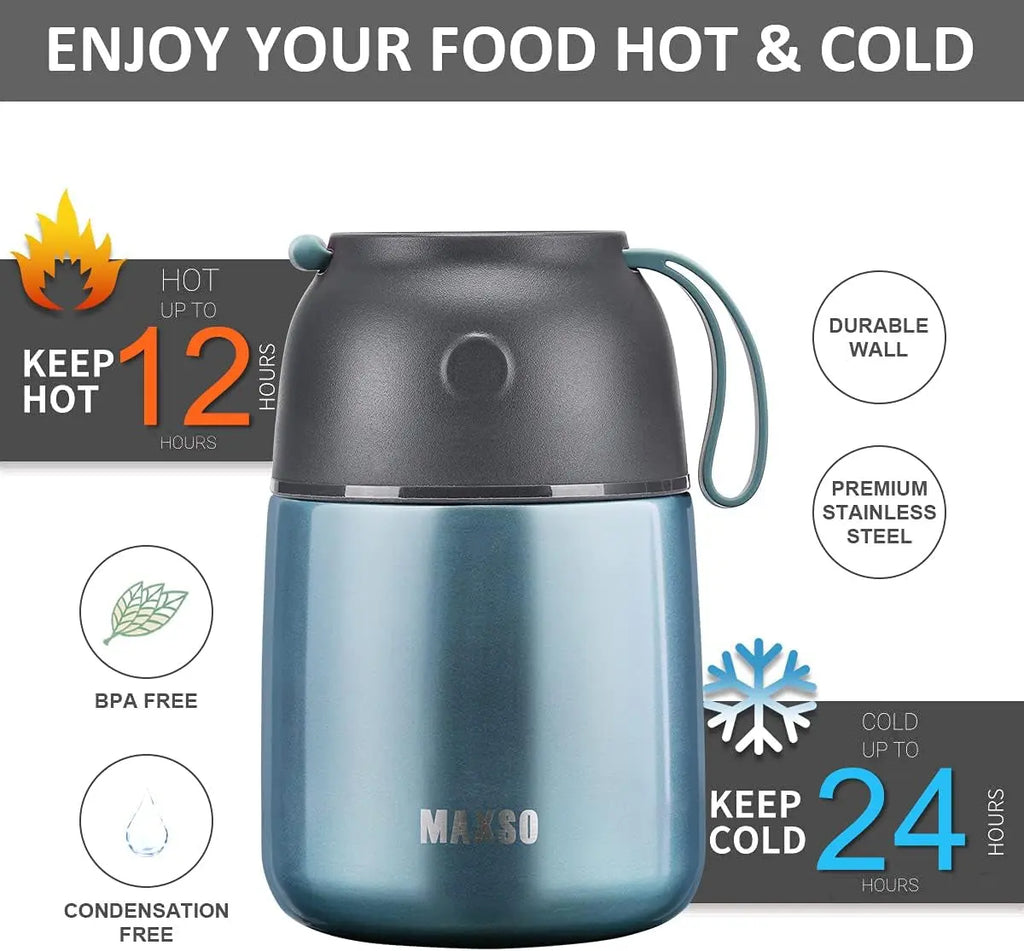17 Oz Insulated Thermal Food Jar for Hot and Cold Meals, Triple Layer Stainless Steel Container with Spoon, Ideal for Kids and Adults (Light Blue)