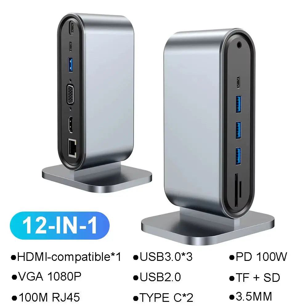 12-in-1 USB-C Hub Docking Station with HDMI Compatibility, 4K 30Hz, PD 100W, Type-C Hub, and USB 3.0 Splitter for Laptop and MacBook Pro/Air