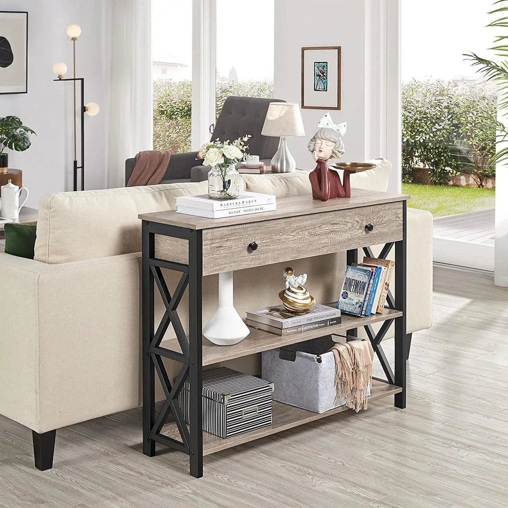 Gray Console Table with Drawer and 3-Tier Storage Shelves, Narrow Metal Frame Entryway Table for Living Room, Hallway, and Kitchen