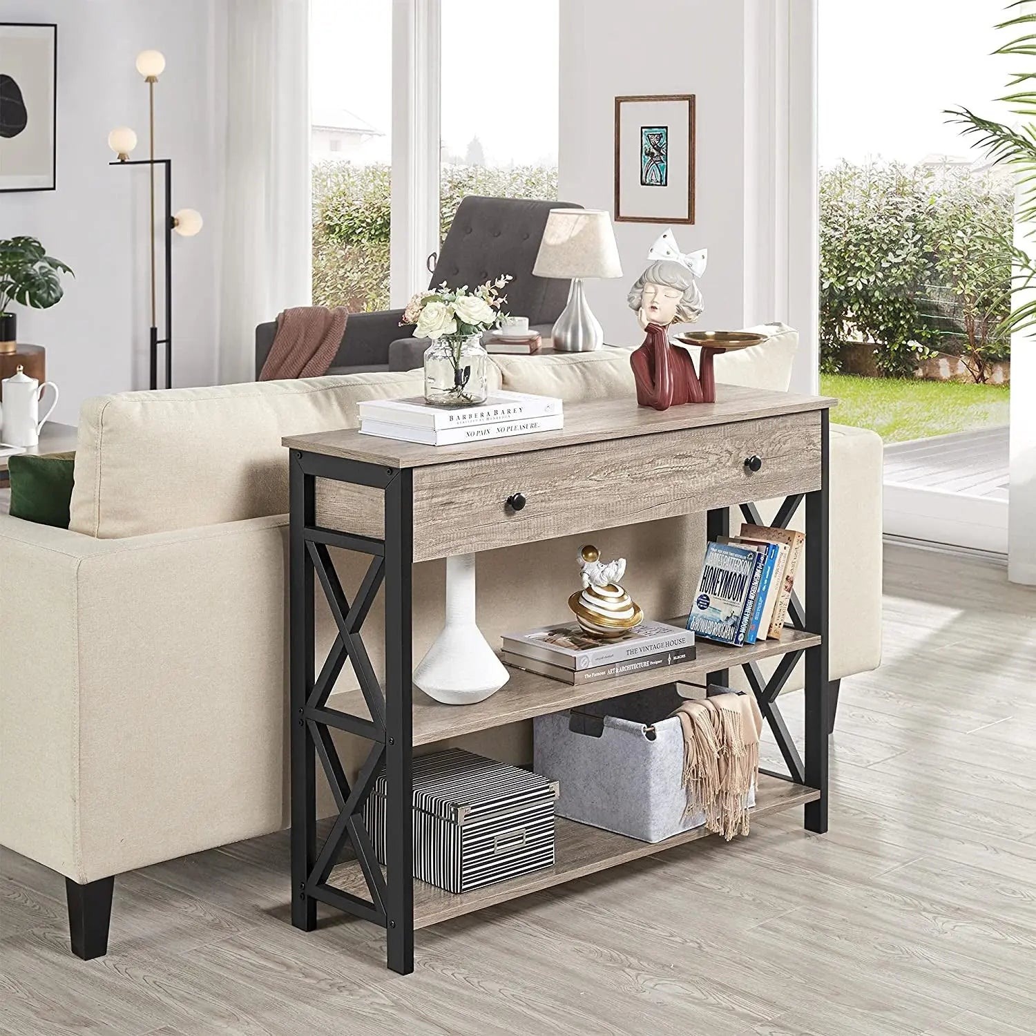 Gray Console Table with Drawer and 3-Tier Storage Shelves, Narrow Metal Frame Entryway Table for Living Room, Hallway, and Kitchen