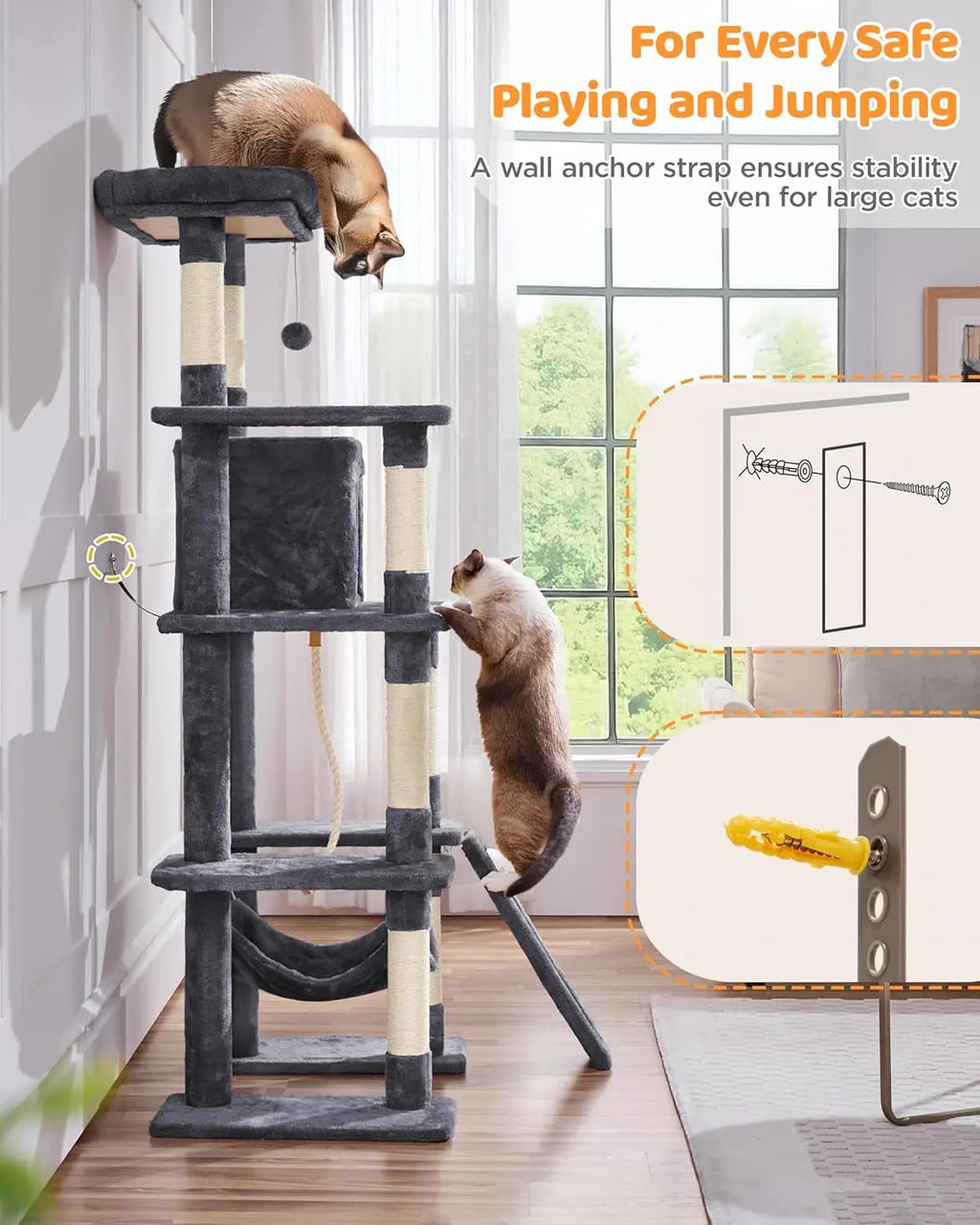 63-Inch Multi-Level Cat Tree with Sisal Scratching Posts, Condo, Hammock, Hanging Toy, and Extended Platform for Play and Rest