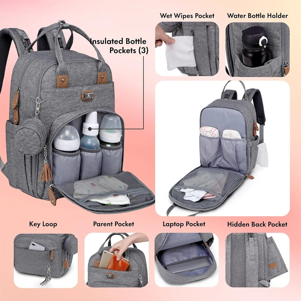 Multifunctional Diaper Bag Backpack with Portable Changing Pad, Pacifier Case, and Stroller Straps - Spacious Unisex Baby Bag for Parents, Gray
