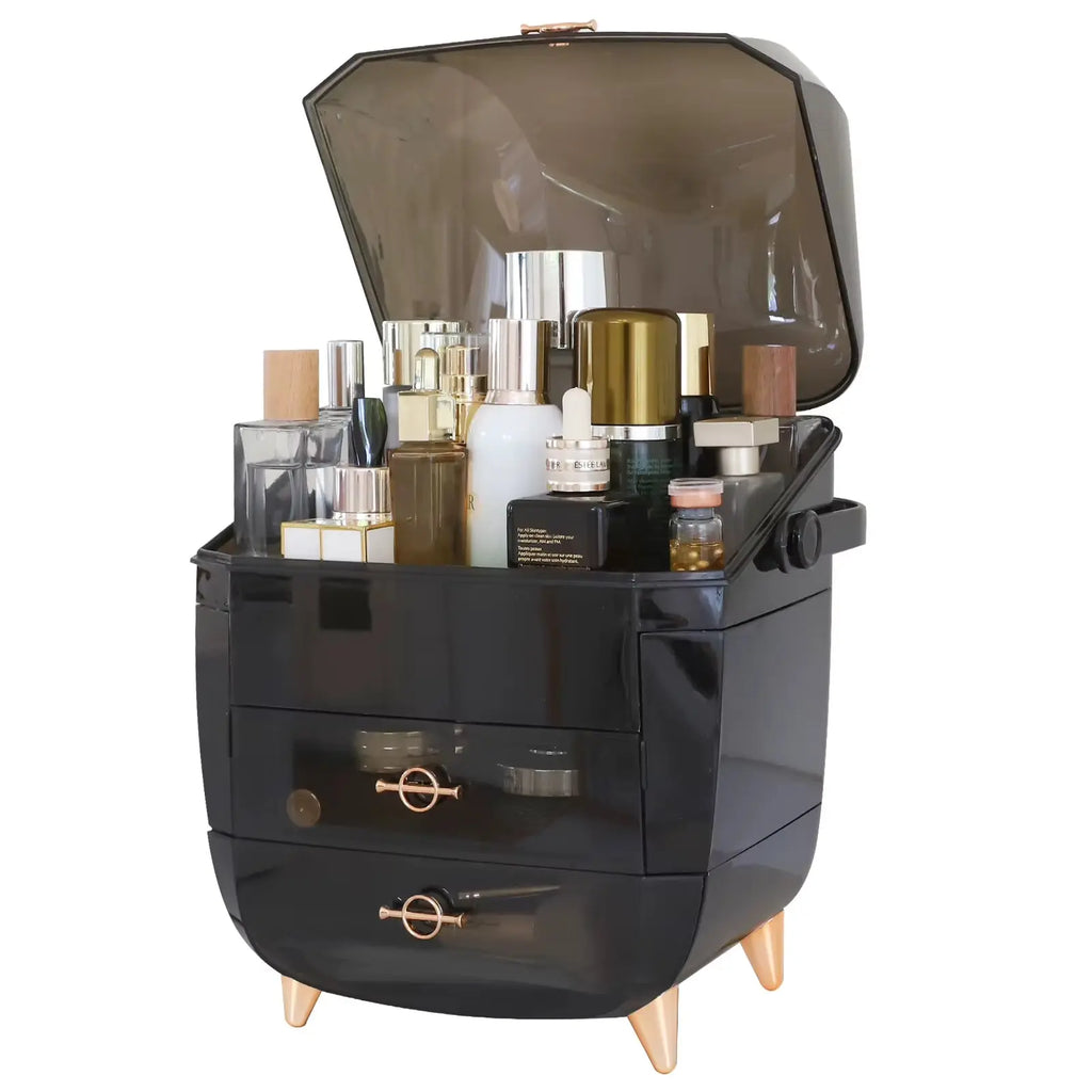 Vanity Makeup Organizer with Lid and Drawers - Portable Skincare Storage and Cosmetic Display Case