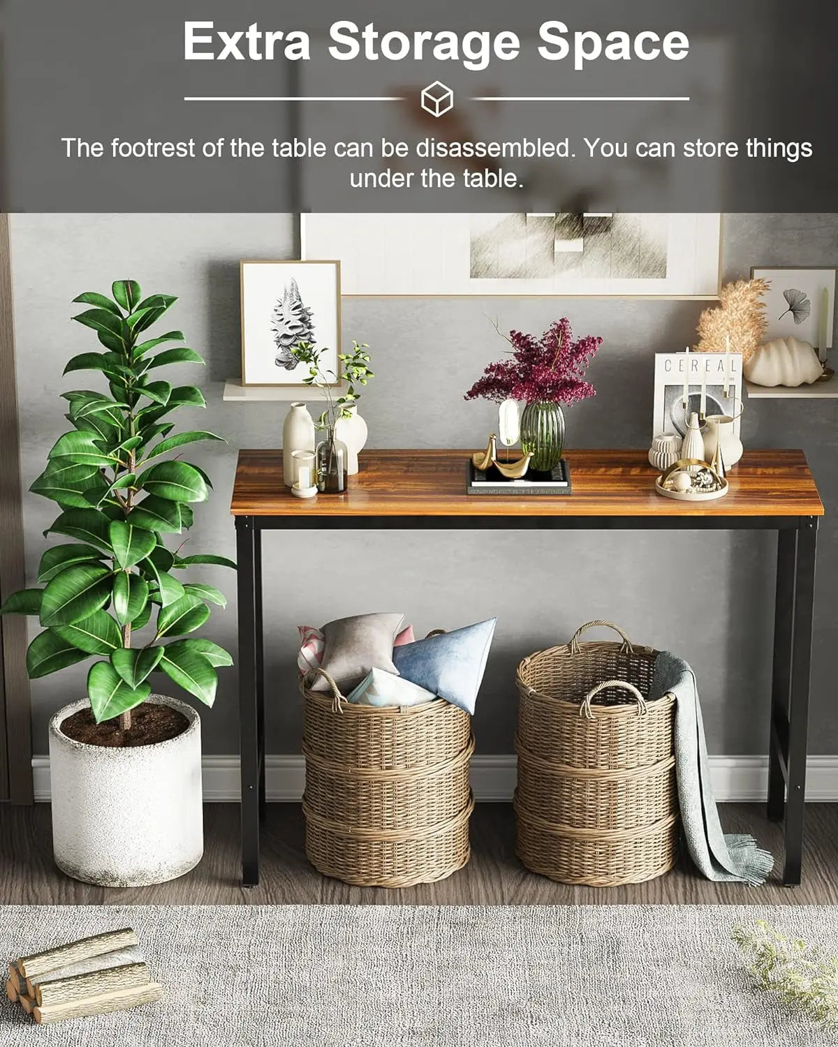 Rectangular Bar Height Pub Table with Sturdy Metal Frame, 47.24" Teak High Top Table for Kitchen, Dining, and Living Room