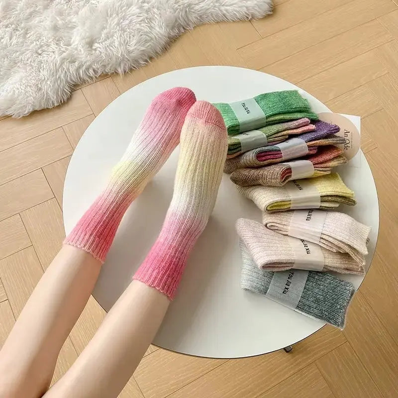 Gradient Wool Mid-Calf Socks for Autumn and Winter - Thickened Warm Rainbow-Colored Floor Socks