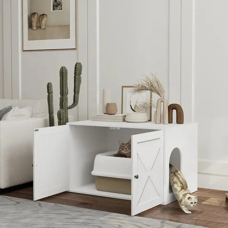 Cat Litter Box Enclosure with Barn Door and Access Opening