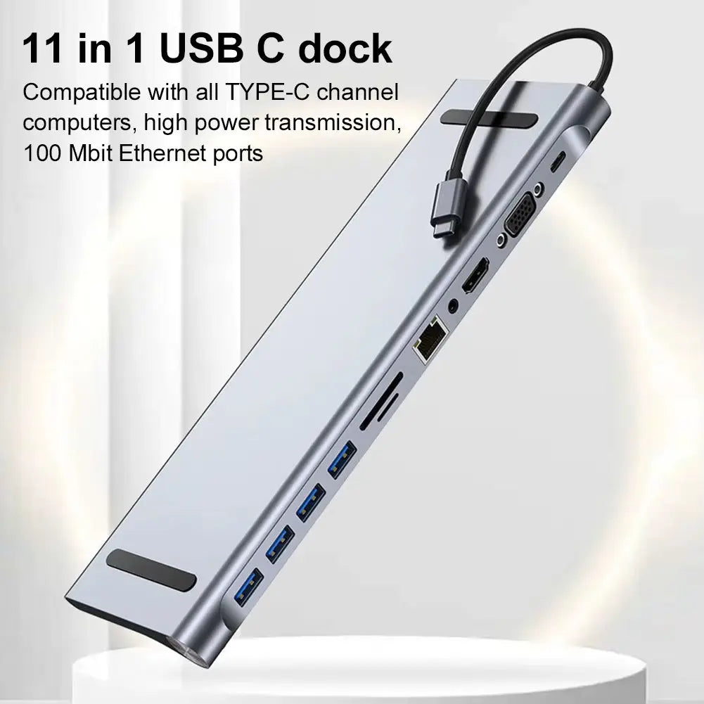 11-in-1 USB-C Docking Station with 4K HDMI, VGA, Ethernet, 100W Power Delivery, SD/TF Card Reader, and Audio Multiport Adapter for MacBook