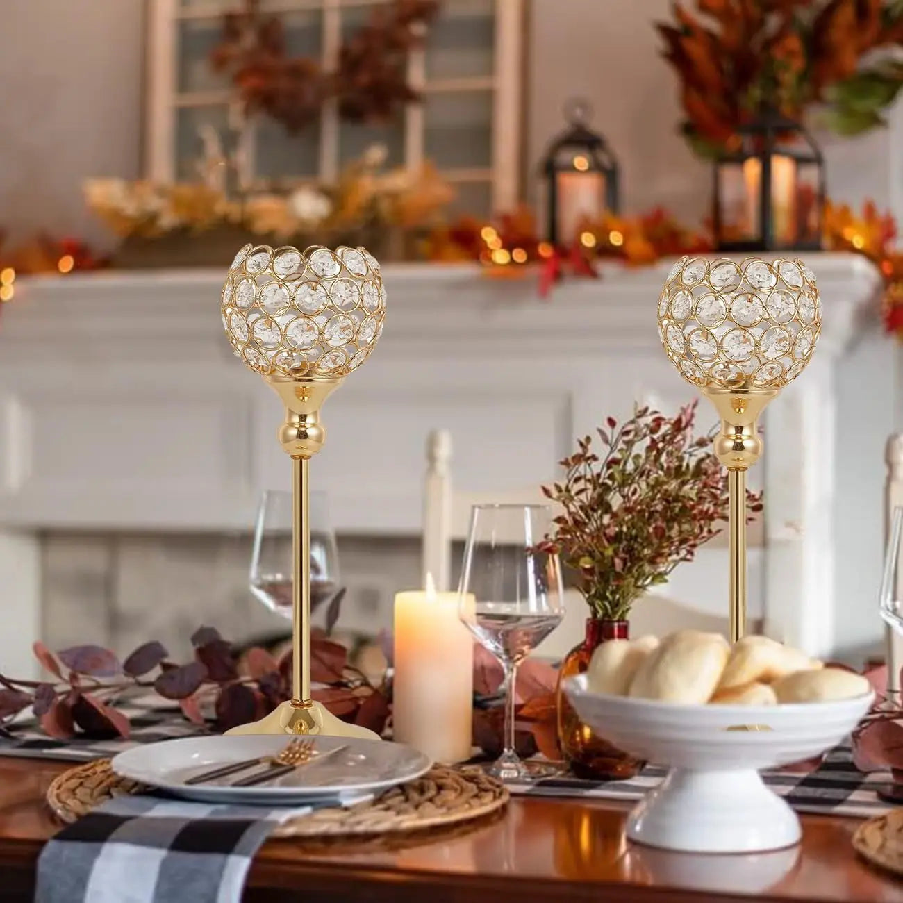 Set of 2 Gold Crystal Candle Holders for Elegant Home and Event Décor