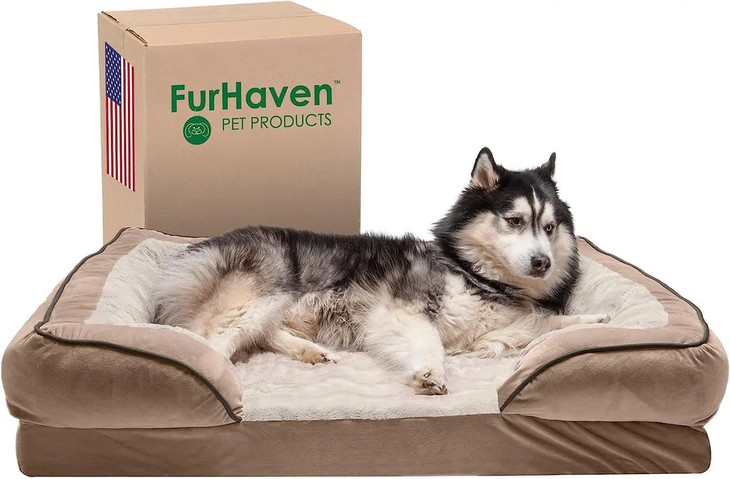 Jumbo/XL Memory Foam Dog Bed with Removable Bolsters and Washable Cover for Large Dogs up to 95 lbs - Plush Velvet Waves in Brownstone