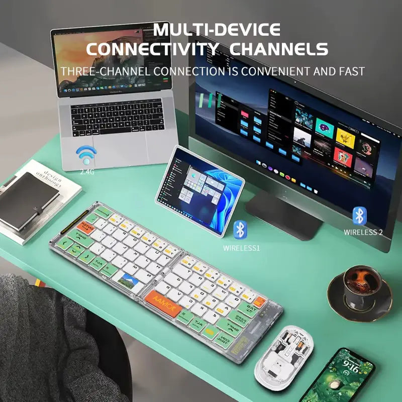 Wireless Bluetooth Foldable Keyboard and Mouse Combo - Ultra Slim, Rechargeable, Silent, Portable Travel Solution for Laptops, Tablets, and Phones