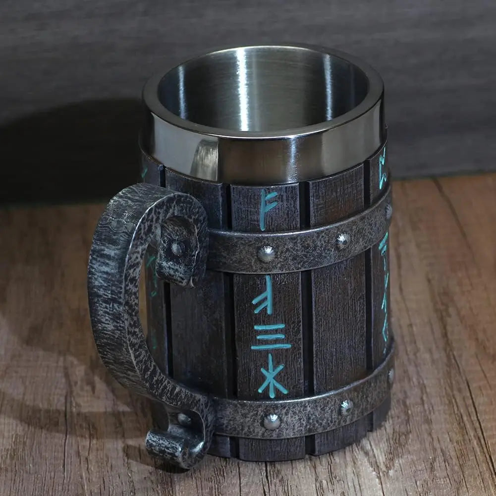 Norse-Inspired Stainless Steel and Wooden Viking Coffee Mug - Ideal Gift for Men, Beer Stein