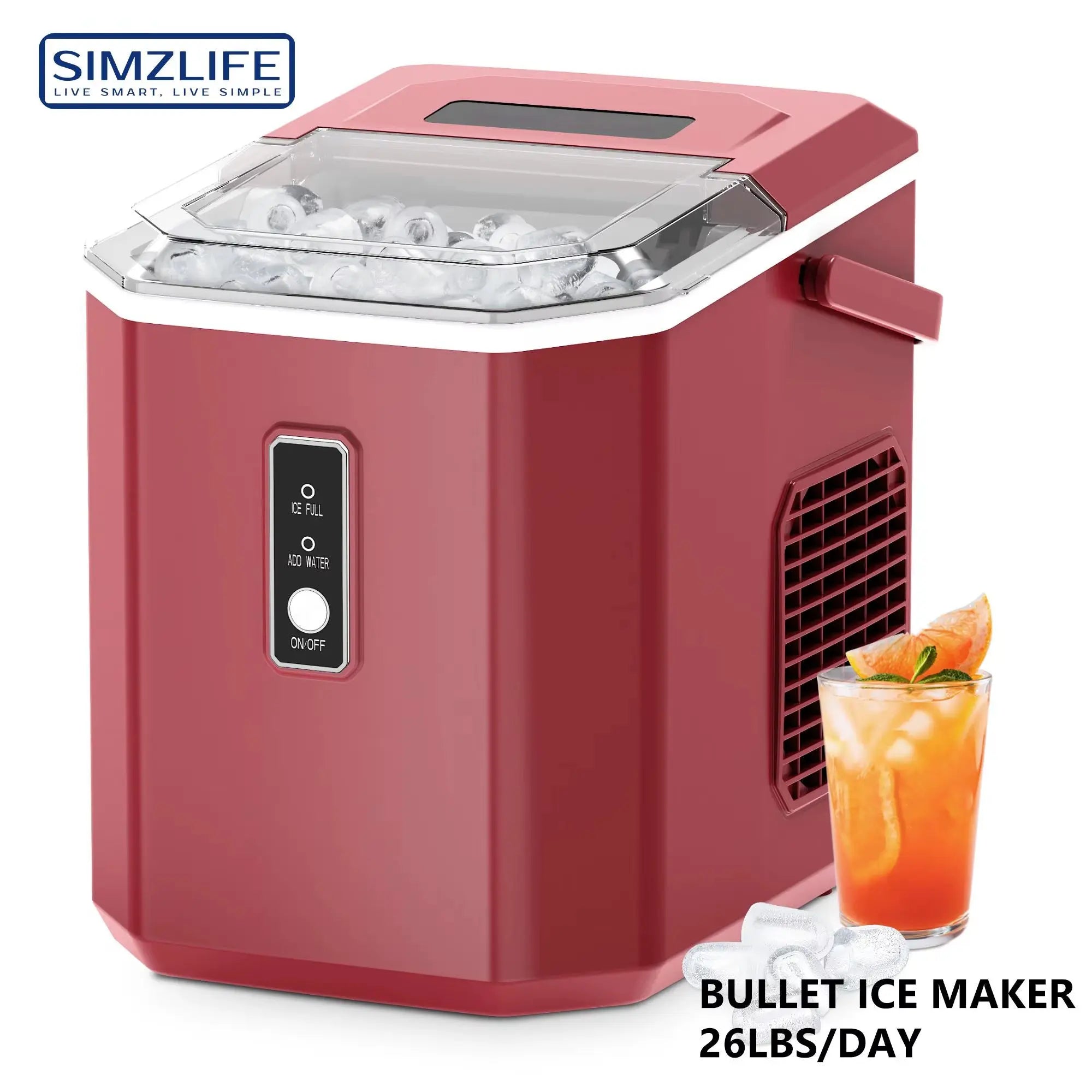 SIMZLIFE Portable Countertop Ice Maker, 26.5 lbs/24H, 9 Cubes in 6 Minutes, Self-Cleaning with Handle, Red