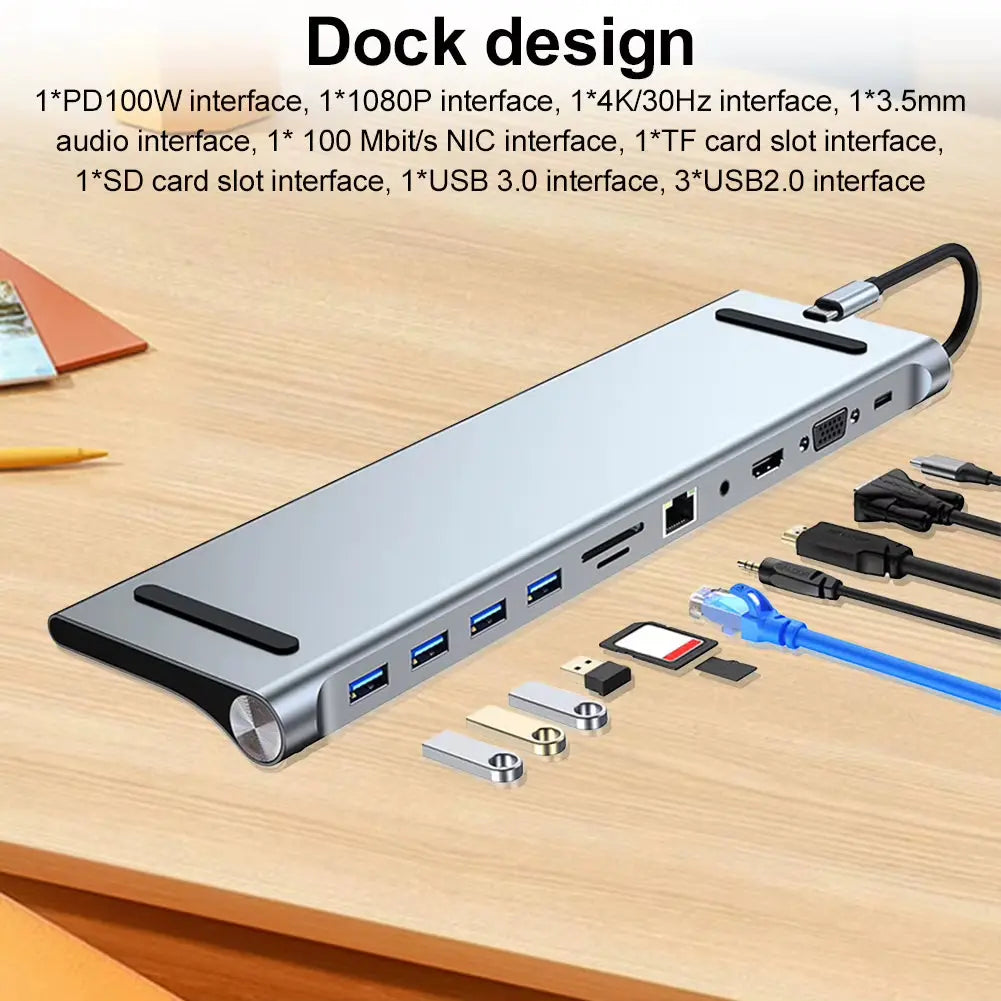 11-in-1 USB-C Docking Station with 4K HDMI, VGA, Ethernet, 100W Power Delivery, SD/TF Card Reader, and Audio Multiport Adapter for MacBook