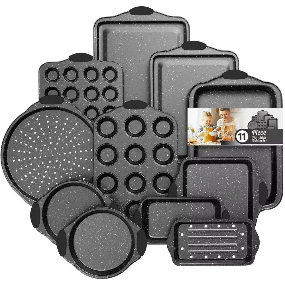 11-Piece Nonstick Bakeware Set with Silicone Handles, Stackable Oven Pans for Baking, Includes Cookie Sheet and More
