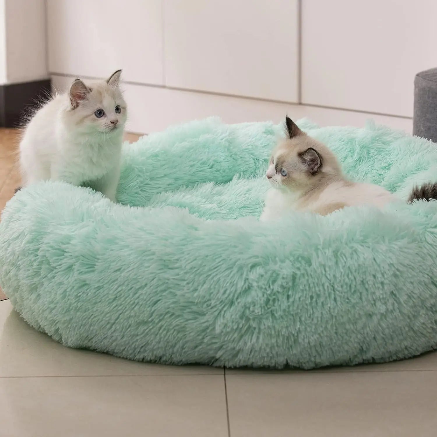Anti-Anxiety Round Fluffy Plush Faux Fur Washable Pet Bed for Dogs and Cats, Original Design for Small to Large Pets, Joint Relief and Sleep Improvement (20"/24"/27") - 27", Light Green