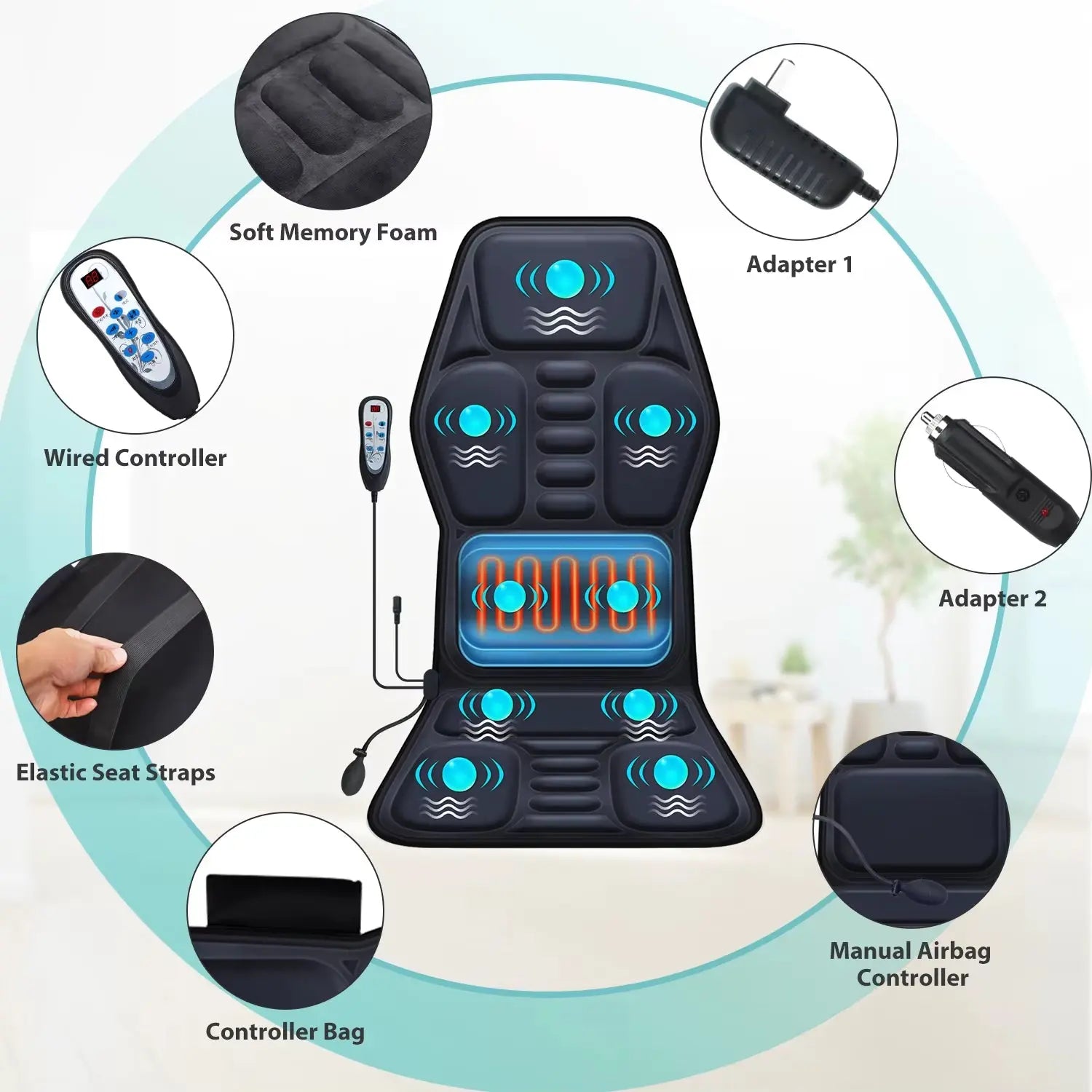 Heated Massage Seat Cushion with Adjustable Lumbar Support and 9 Massage Modes for Enhanced Comfort