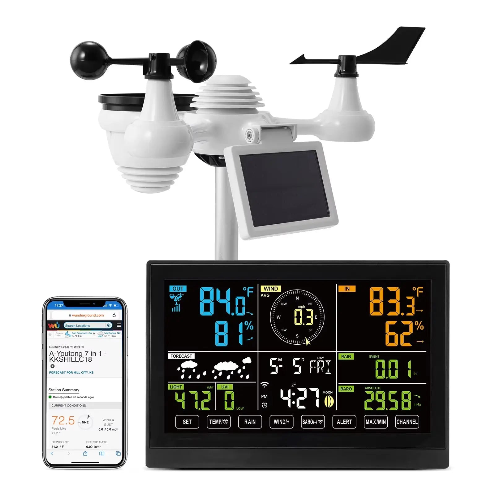 7-in-1 Wi-Fi Weather Station with 7.5-Inch Color Display and Solar-Powered Wireless Outdoor Sensor for Temperature and Humidity Alerts