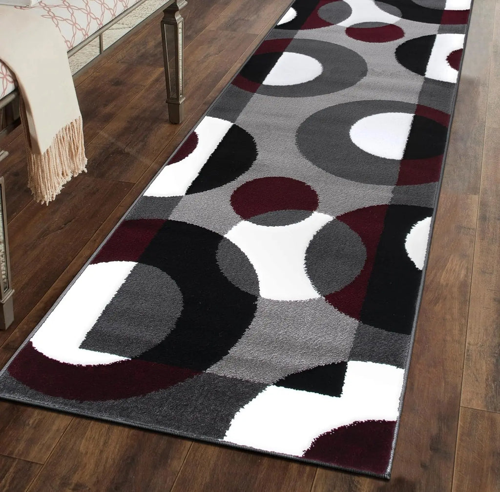 Contemporary Circles Area Rug - Low Maintenance Soft Runner for Home Office, Living Room, Bedroom, and Kitchen - 2' x 7'2" - Burgundy