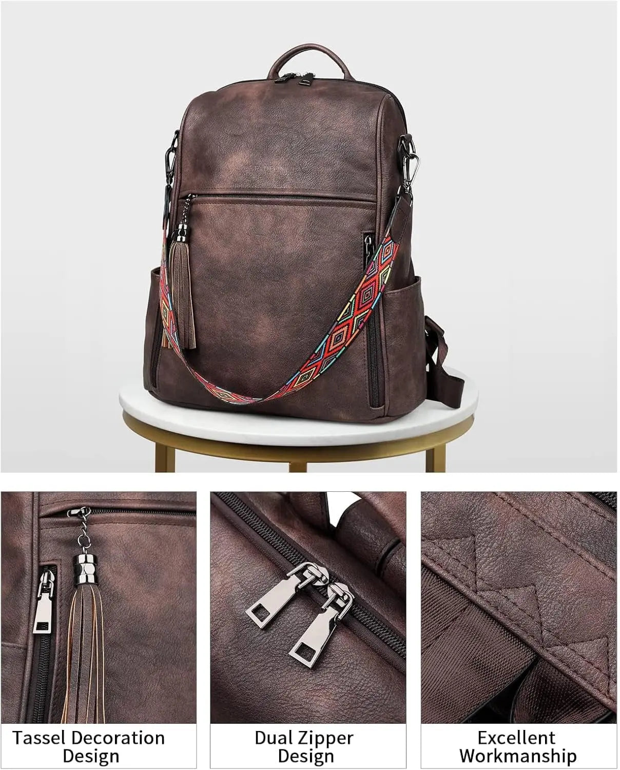 Women's Leather Designer Backpack Purse - Stylish Travel Shoulder Bag with Tassel Detail