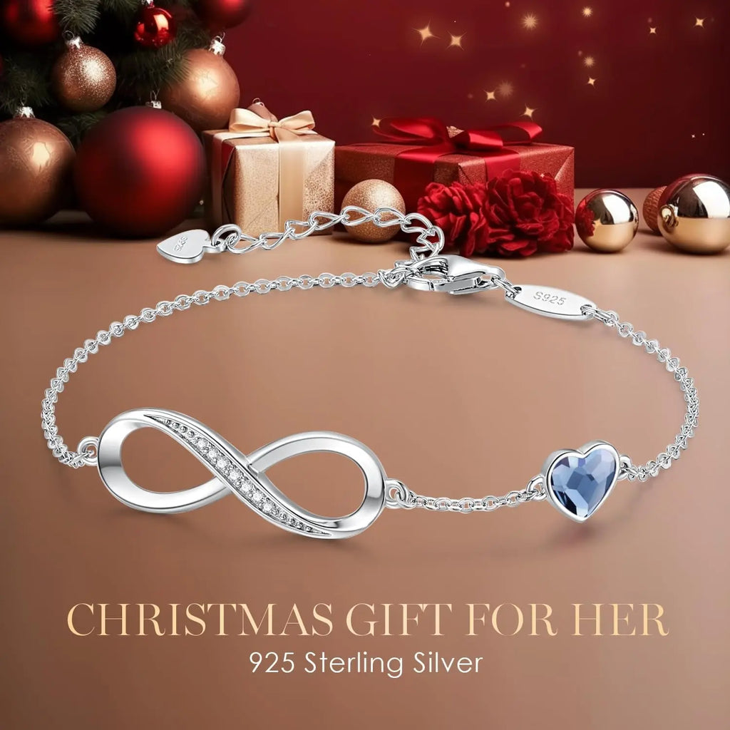 Infinity Heart Birthstone Charm Link Bracelet for Women in 925 Sterling Silver - Adjustable Gift for Mother's Day, Christmas, Anniversaries, and Birthdays for Wife or Girlfriend