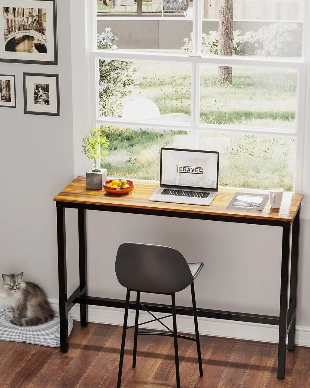 Rectangular Bar Height Pub Table with Sturdy Metal Frame, 47.24" Teak High Top Table for Kitchen, Dining, and Living Room